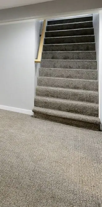 Basement stairs and hallway finished in carpet